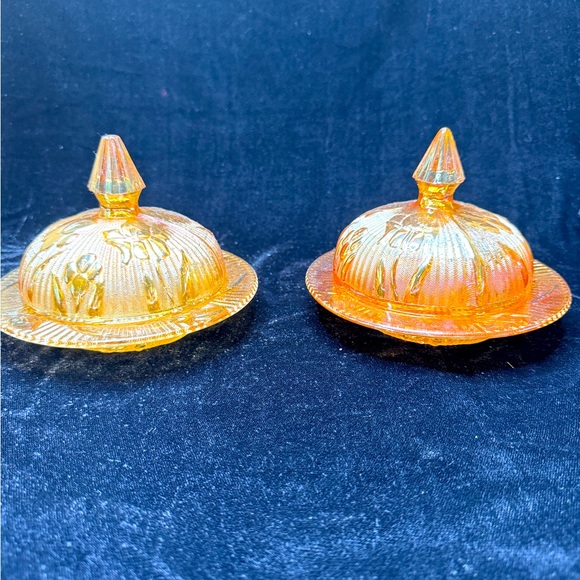 Vtg set - 2 Glass Butter Dish; Jeannette Glass Company Iris Herringbone 1950